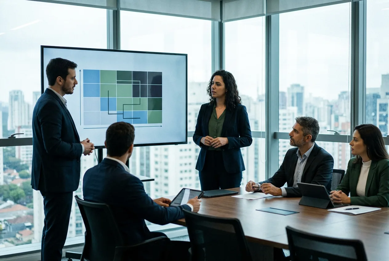 Reunião executiva analisando mapa de risco em tela