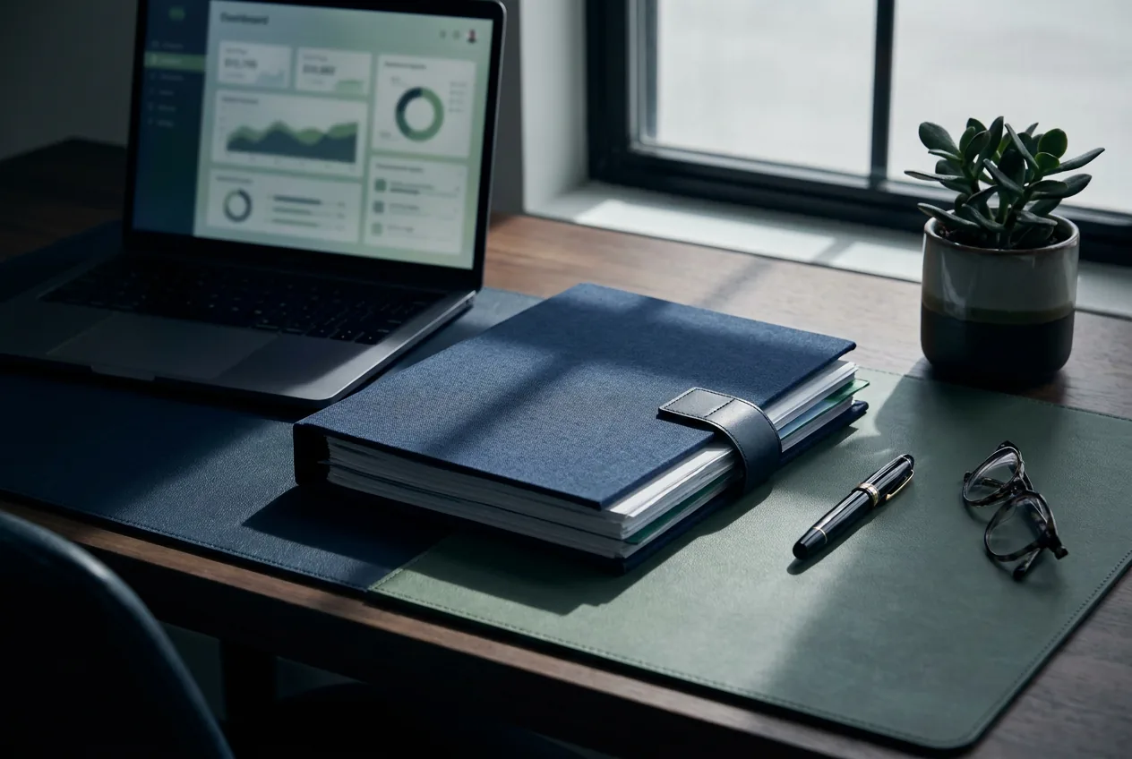 Mesa executiva com dossiê técnico organizado e laptop